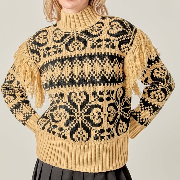 English Factory Sweater Fair Isle Fringed Chunky Knit Mock Neck Nordic Small - Picture 2 of 7